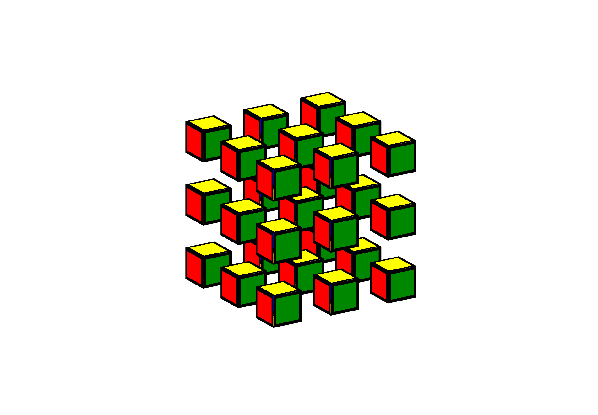 A rotating Rubiks cube, whose individual cubes have exploded from the middle base